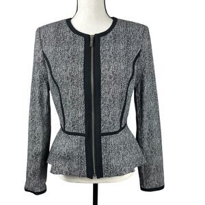 DKNY Women’s Blazer Jacket Size 10 Gray Black Zip Front Peplum Tweed Career Work